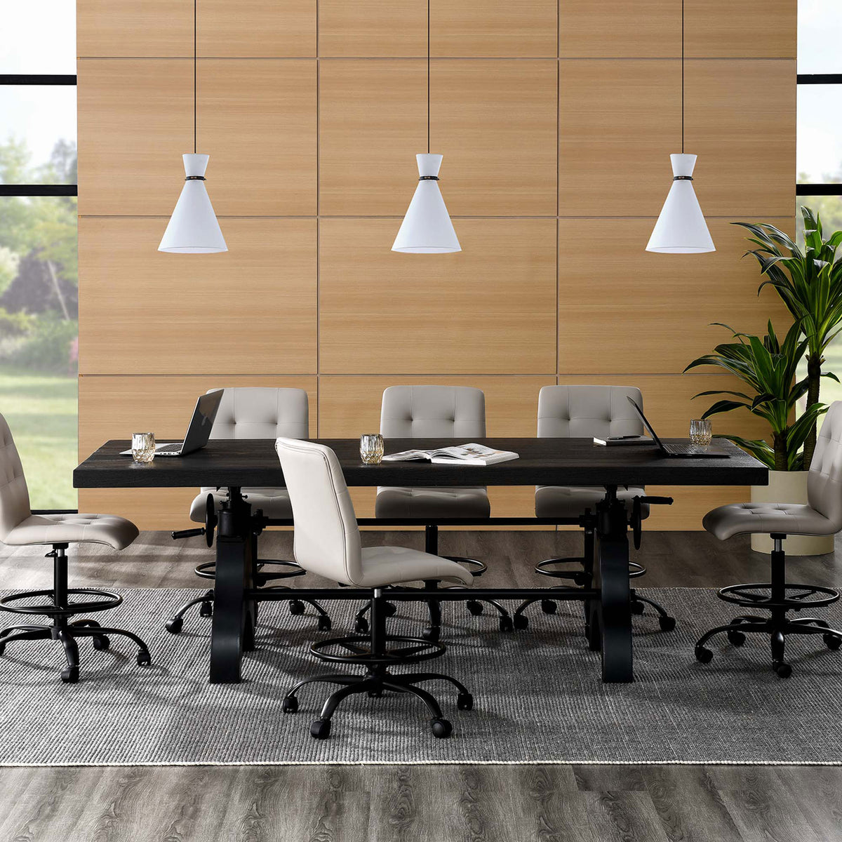 Black adjustable conference table paired with swivel stools and white pendants in a contemporary meeting space || EEI-6149-BLK-BLK || front_room