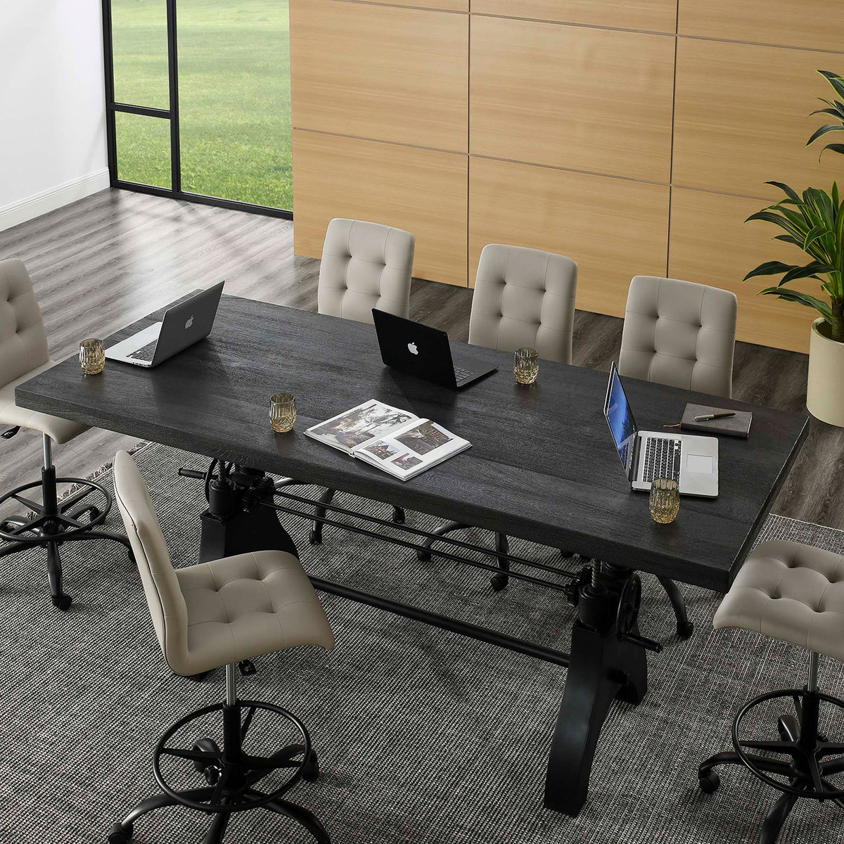 Large black conference table arranged with laptops and drinks for collaborative meetings in a modern office || EEI-6149-BLK-BLK || top_angle_room