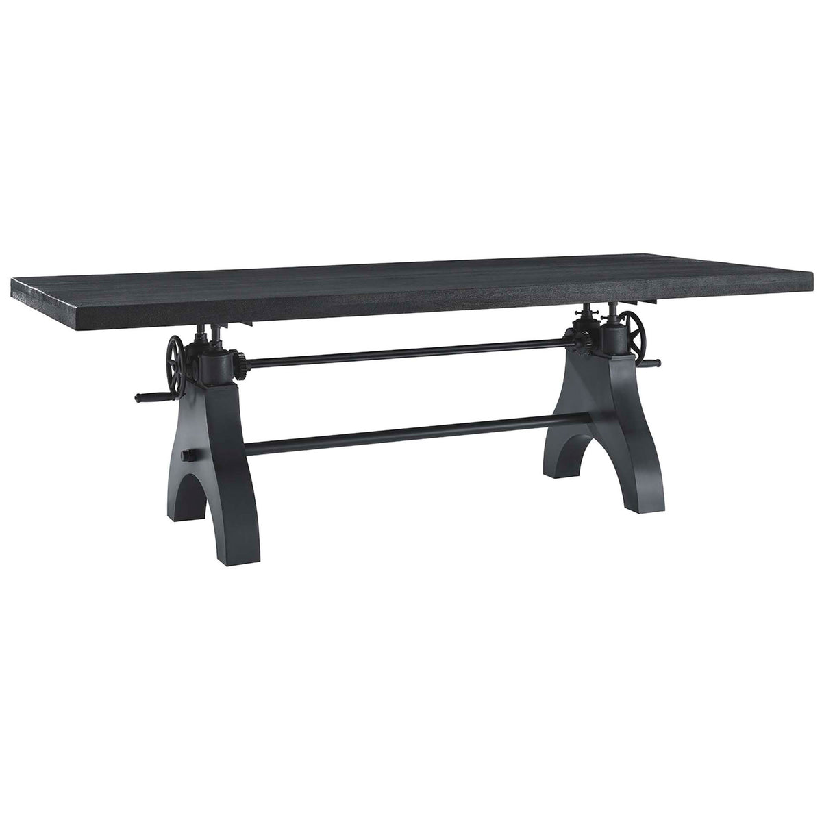 Industrial black crank-adjustable dining table with thick wood top and arched iron-plated base || EEI-6149-BLK-BLK || front_angle_studio