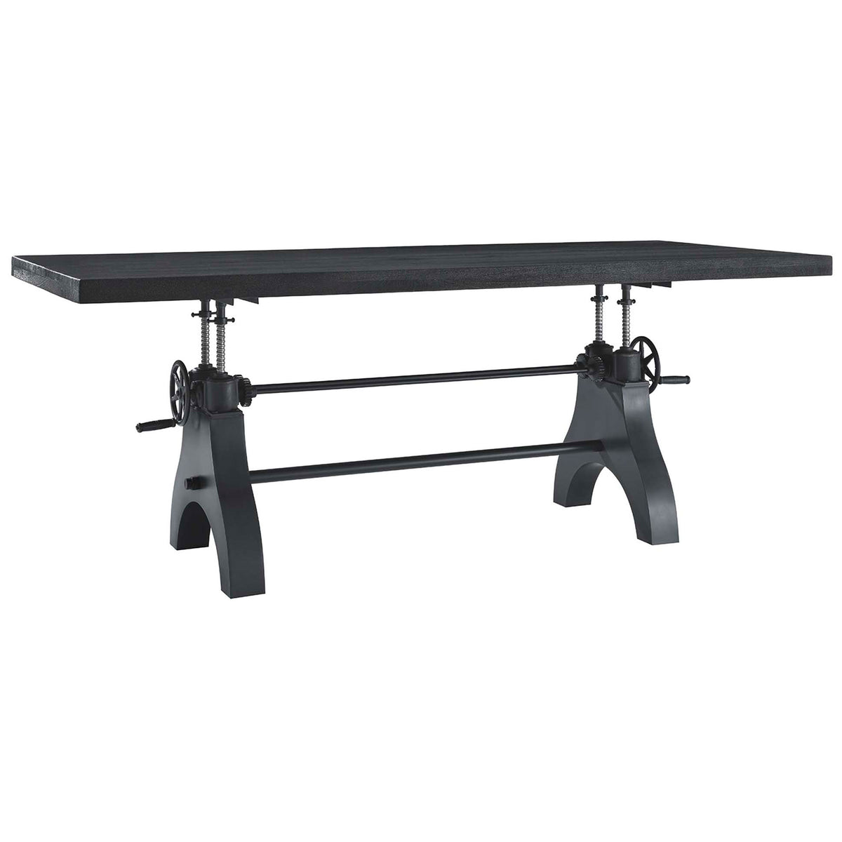 Adjustable-height black conference table with visible crank wheels and sturdy trestle-style support bar || EEI-6149-BLK-BLK || front_angle_studio