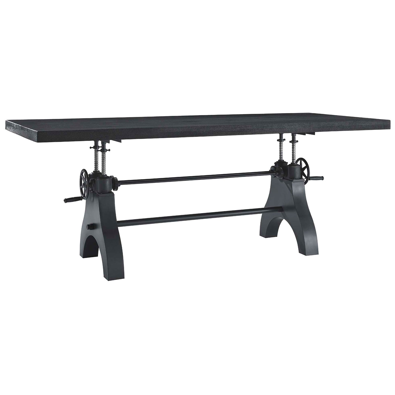 Adjustable-height black conference table with visible crank wheels and sturdy trestle-style support bar || EEI-6149-BLK-BLK || front_angle_studio