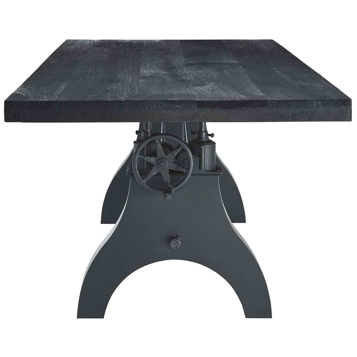 Black crank table with solid wood end grain, exposed gear mechanism, and sturdy wishbone leg base || EEI-6149-BLK-BLK || side_studio