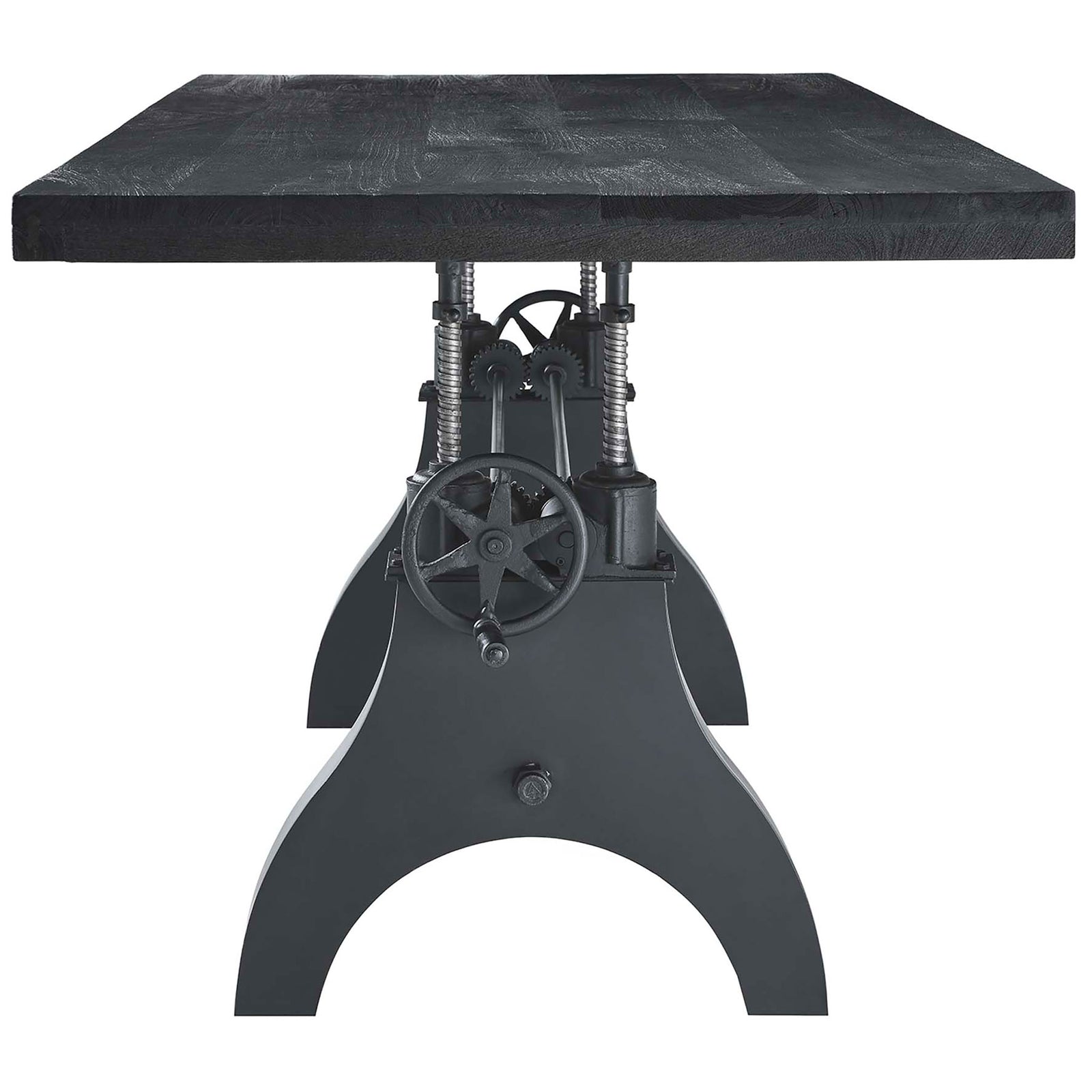 Raised-height black dining table featuring adjustable crank posts and industrial metal base support || EEI-6149-BLK-BLK || side_studio