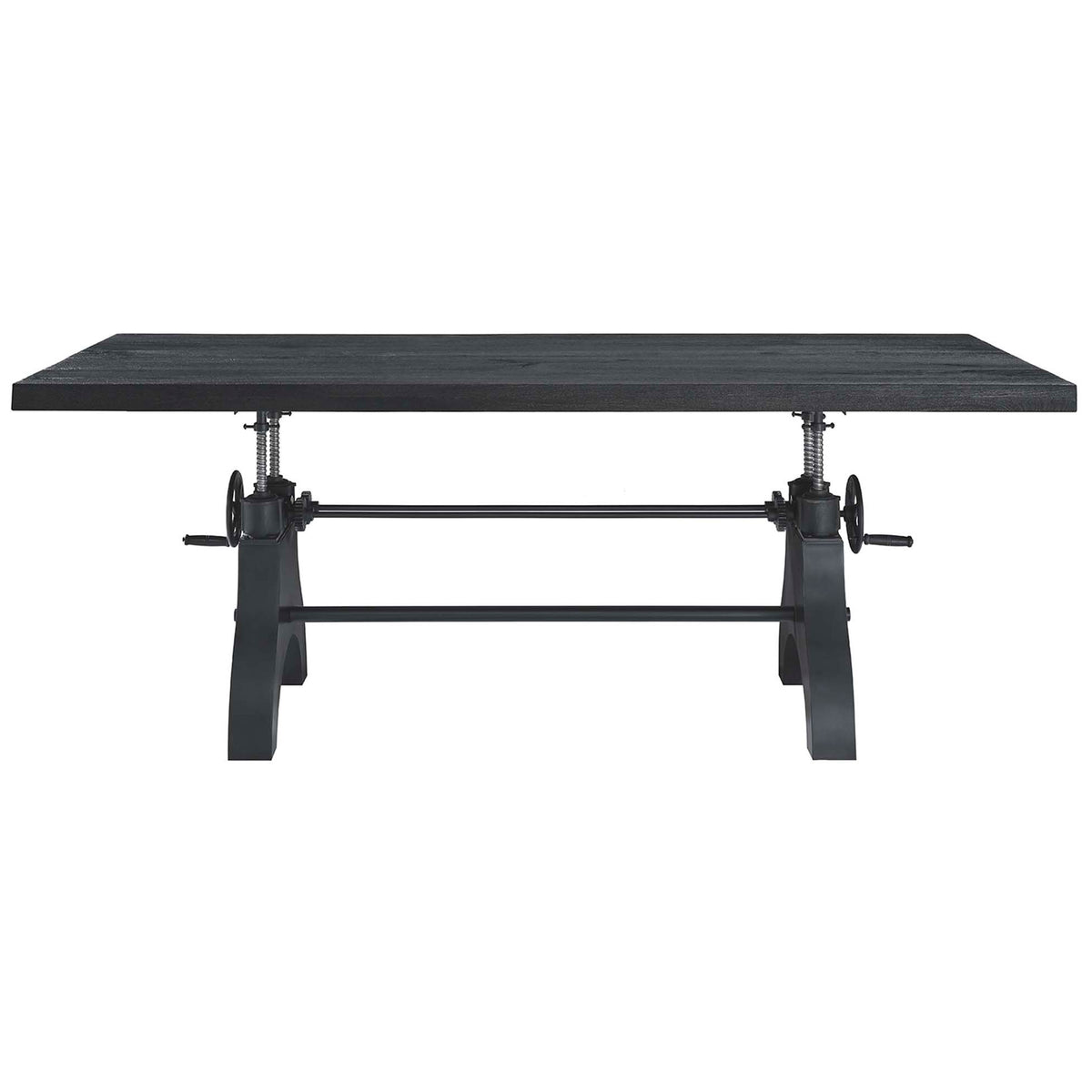High-profile adjustable dining table in black with thick rectangular top and dual pedestal crank base || EEI-6149-BLK-BLK || front_studio