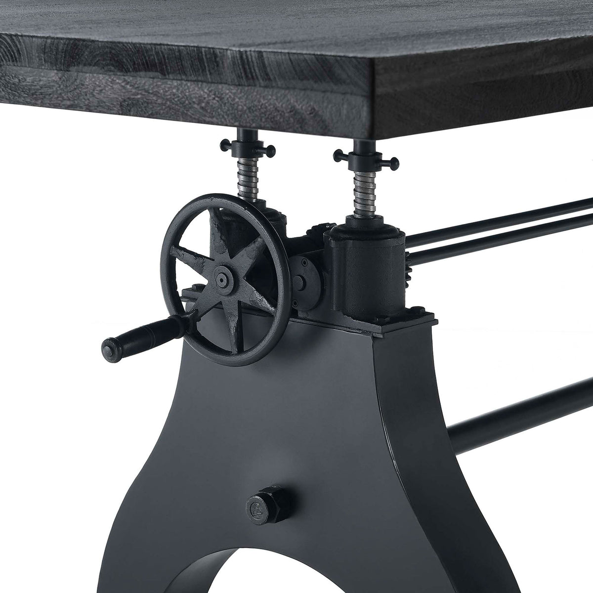 Crank handle on black adjustable table with exposed gears and richly textured wood tabletop edge || EEI-6149-BLK-BLK || detail_studio