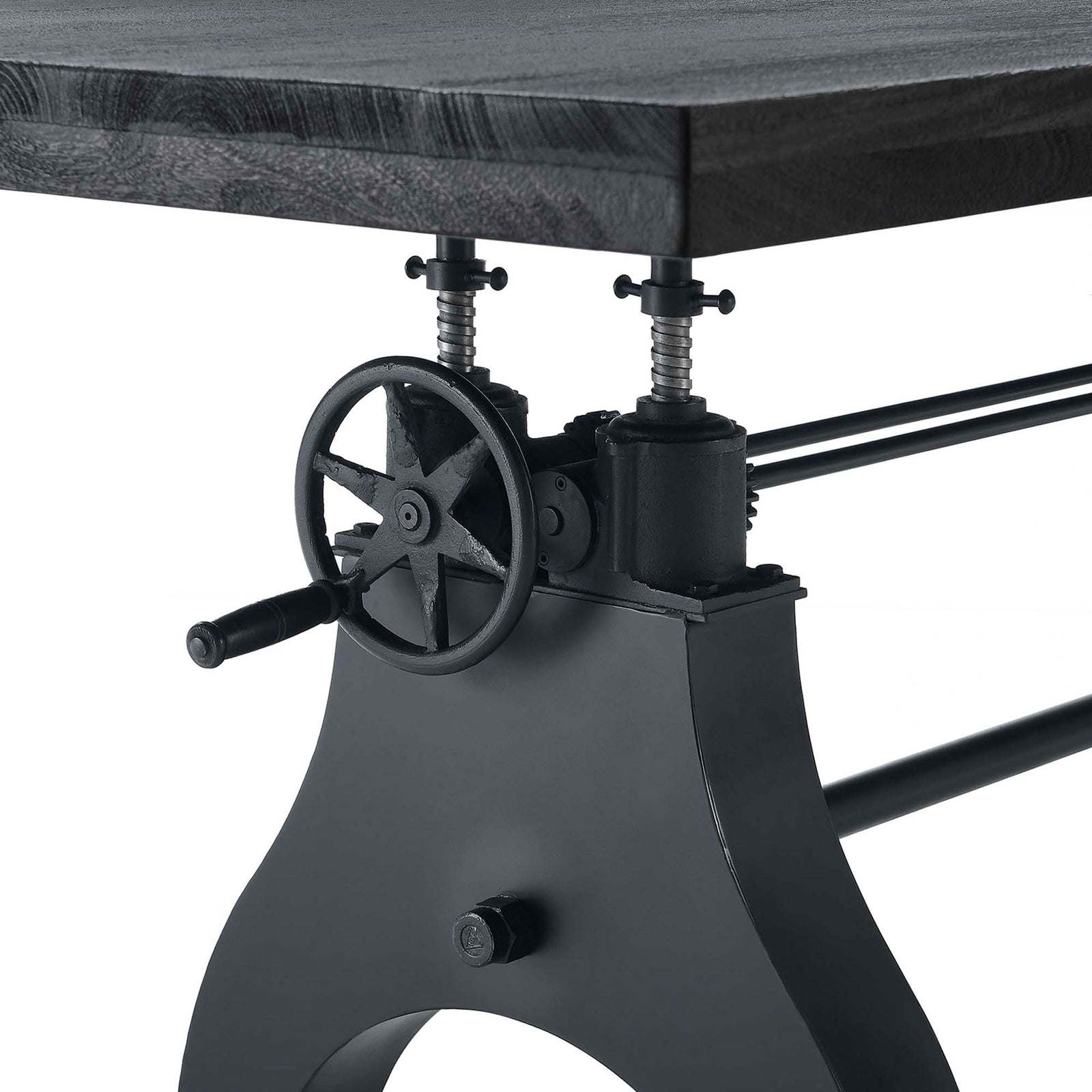 Crank handle on black adjustable table with exposed gears and richly textured wood tabletop edge || EEI-6149-BLK-BLK || detail_studio