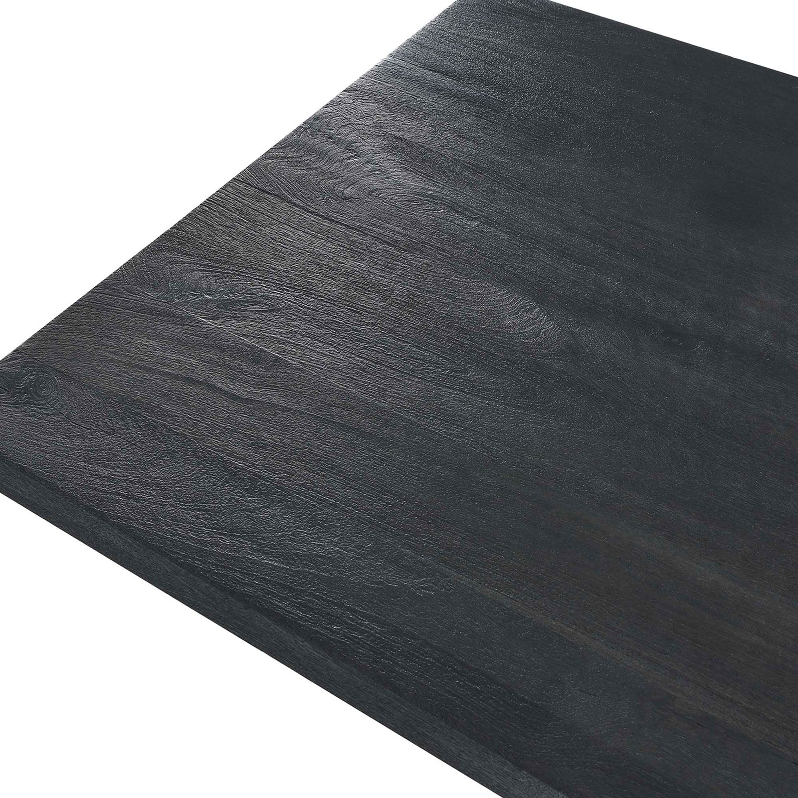 Textured black solid wood tabletop with rich grain pattern and slightly weathered industrial finish || EEI-6149-BLK-BLK || detail_studio