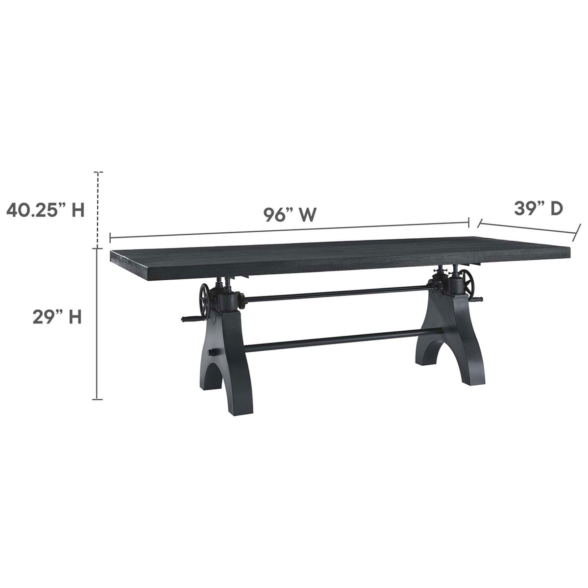 Adjustable dining table with overlay showing 96 inch width, 39 inch depth, and 29 to 40.25 inch height range || EEI-6149-BLK-BLK || dimension_studio