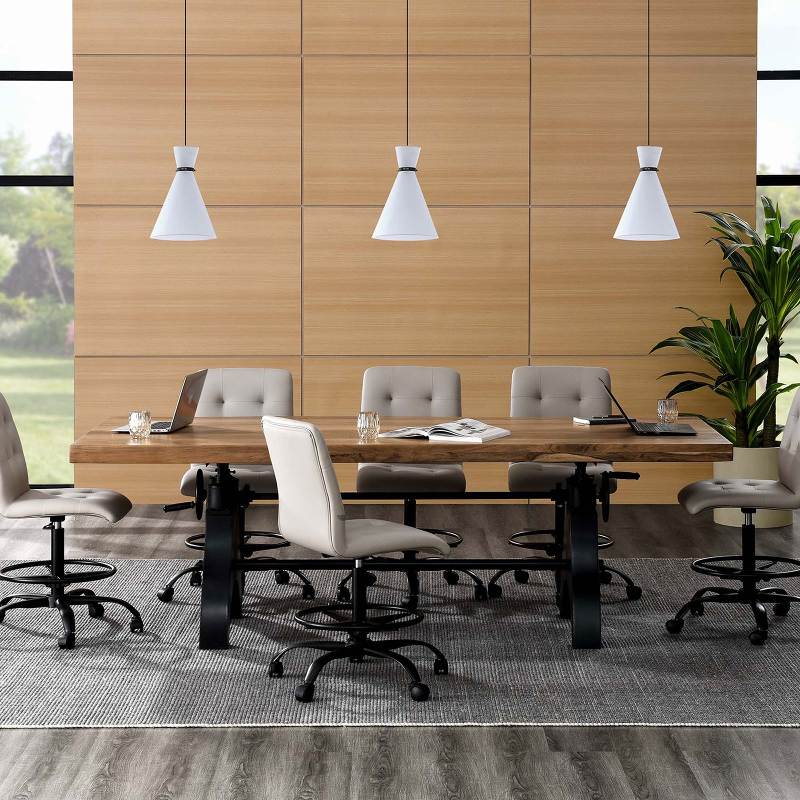 Genuine adjustable conference table paired with swivel stools to create a versatile meeting area || EEI-6149-BLK-NAT || front_room