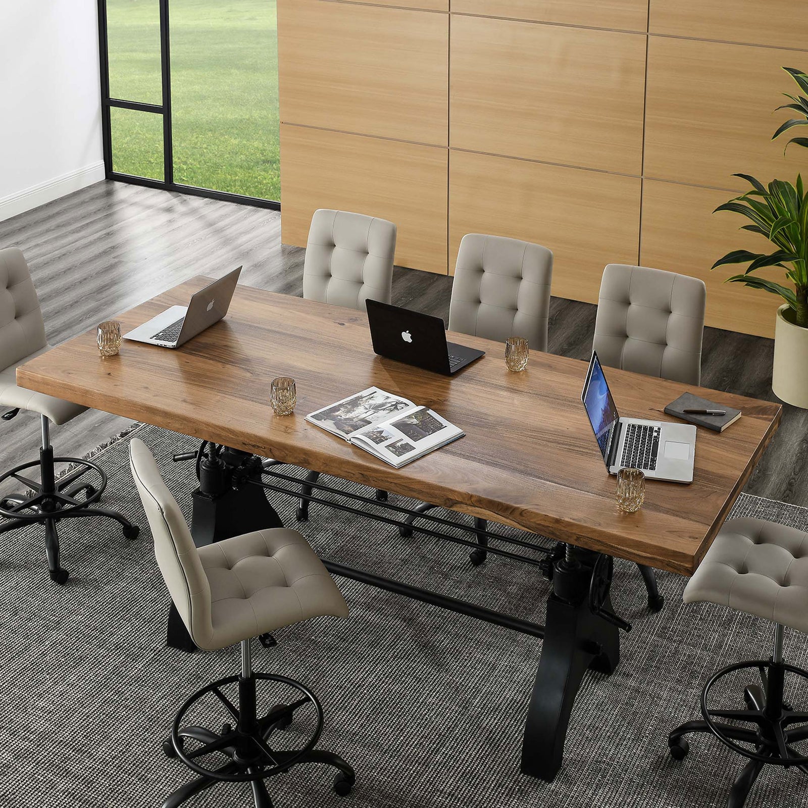 Genuine conference table in use with laptops and notebooks, ideal for collaborative modern workspaces || EEI-6149-BLK-NAT || top_angle_room