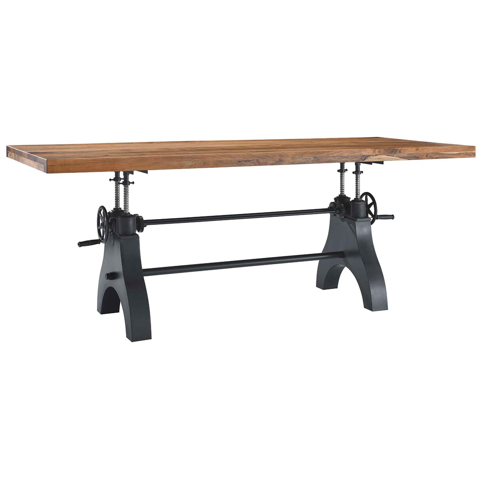 Industrial adjustable-height table with warm wood grain top and sturdy black trestle base || EEI-6149-BLK-NAT || front_angle_studio