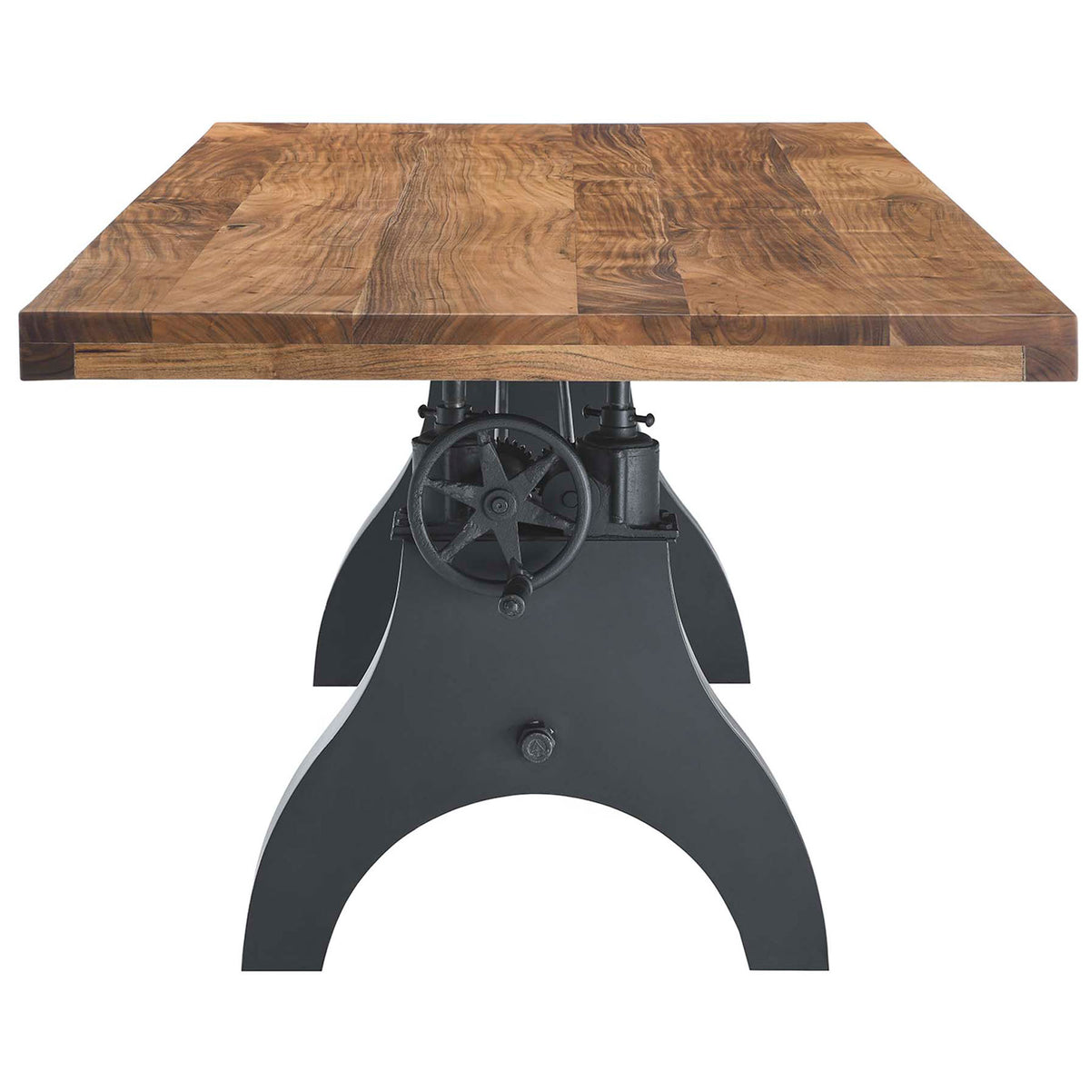 End profile of the Genuine table showing the solid wood thickness and industrial crank mechanism || EEI-6149-BLK-NAT || side_studio