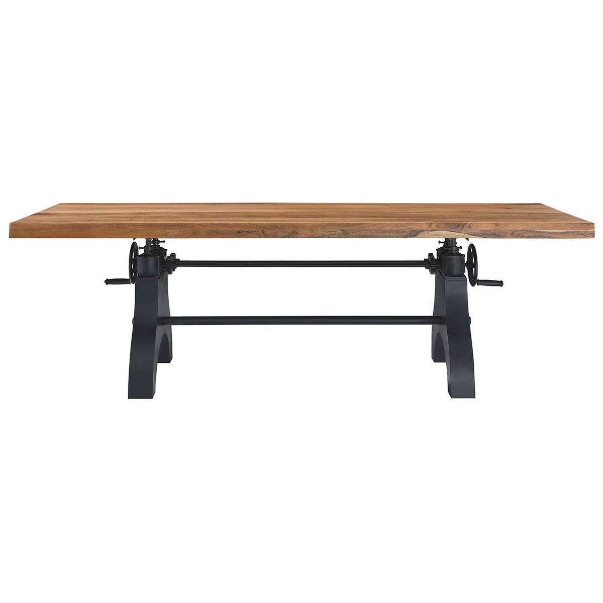 Genuine 96-inch adjustable-height table with thick wood top and bold black metal base || EEI-6149-BLK-NAT || front_studio