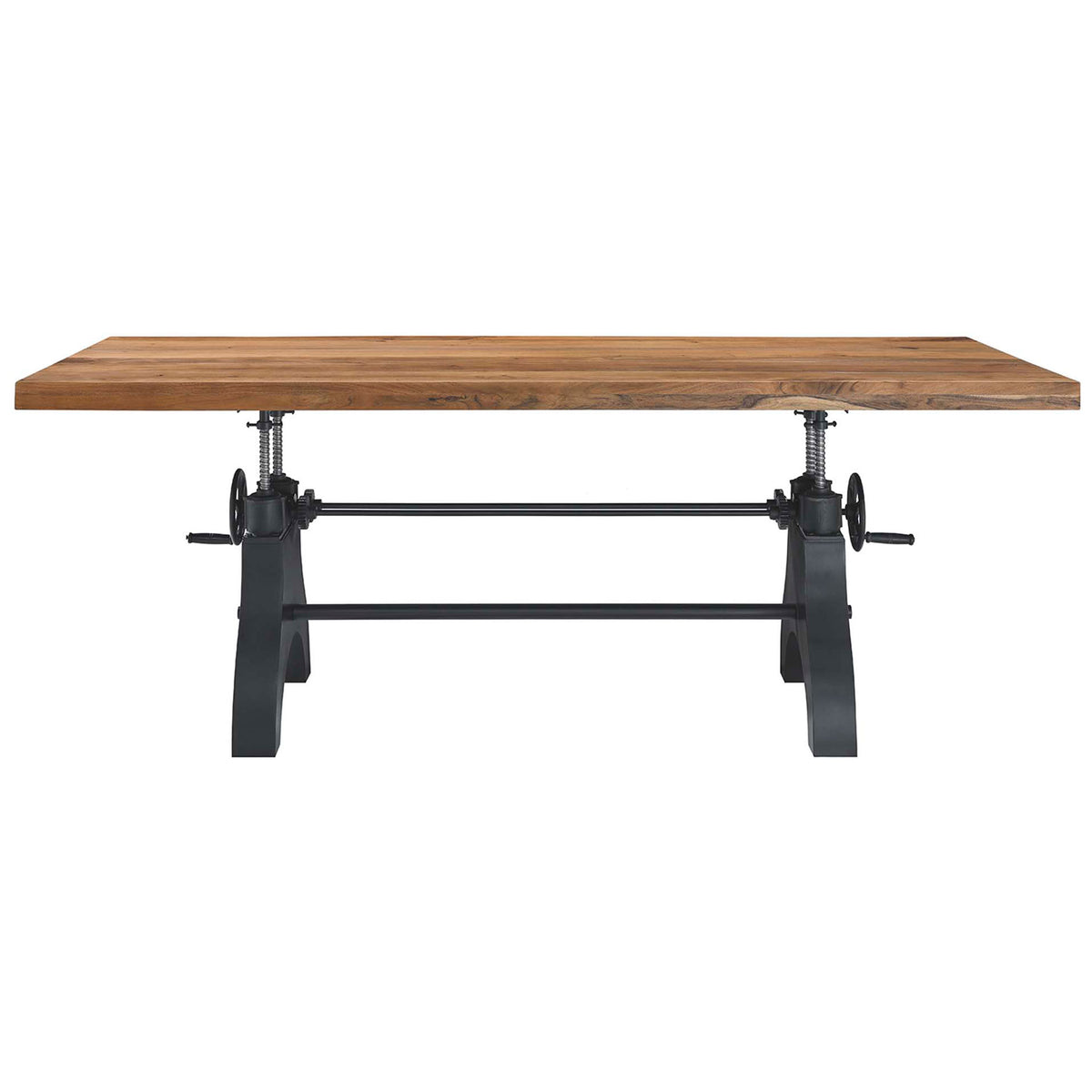 Genuine crank adjustable dining table showcasing solid wood surface and industrial black frame || EEI-6149-BLK-NAT || front_studio