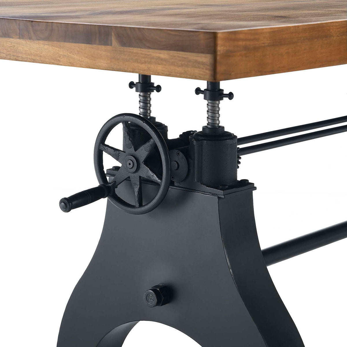 Crank wheel and metal hardware detail that smoothly raises the Genuine adjustable-height table || EEI-6149-BLK-NAT || detail_studio