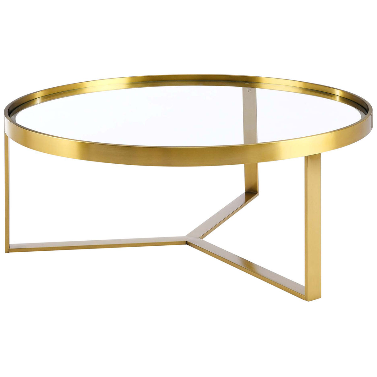 Round tempered glass coffee table with brushed gold frame and modern Y-base || EEI-6153-GLD || front_angle_studio