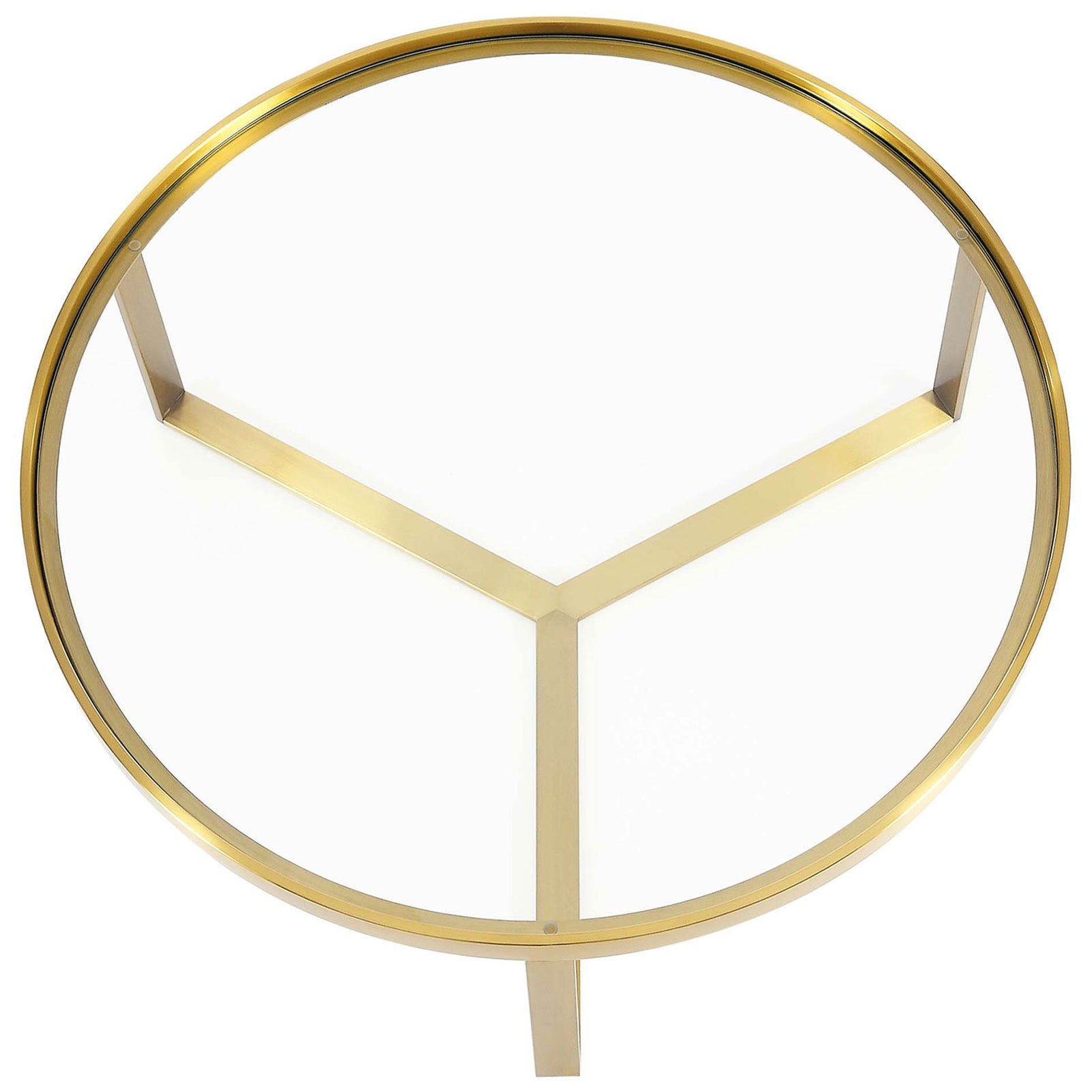 Circular gold rim with triple-spoke support beneath a clear glass top || EEI-6153-GLD || top_studio