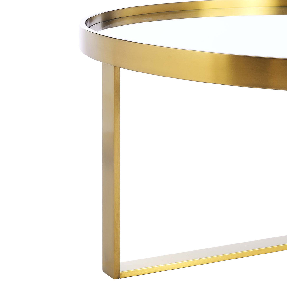Brushed gold rim and sleek leg detailing accent the round glass tabletop || EEI-6153-GLD || leg_studio