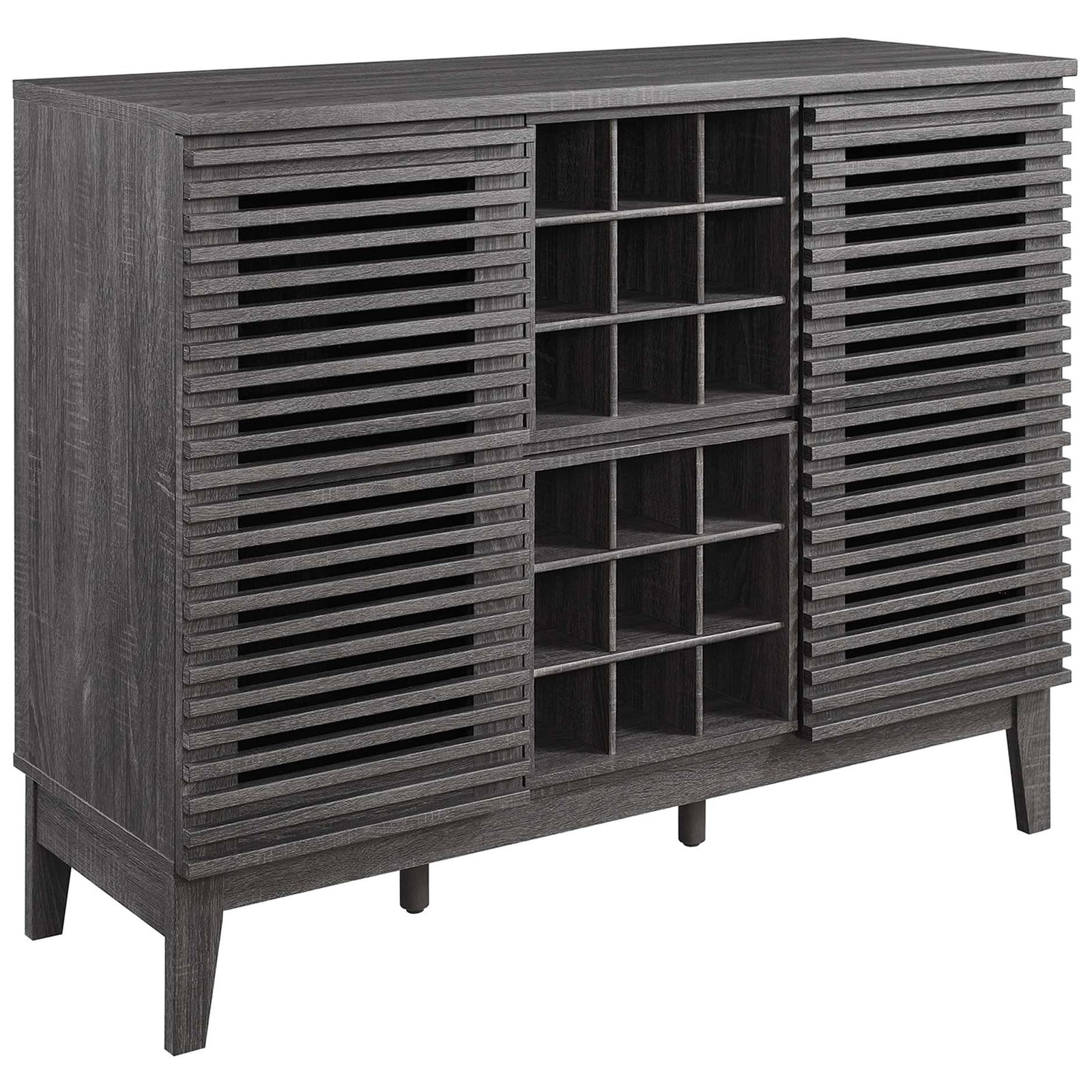 Streamlined bar cabinet in charcoal finish featuring slatted doors, center wine storage, and clean tapered legs || EEI-6156-CHA || front_angle_studio