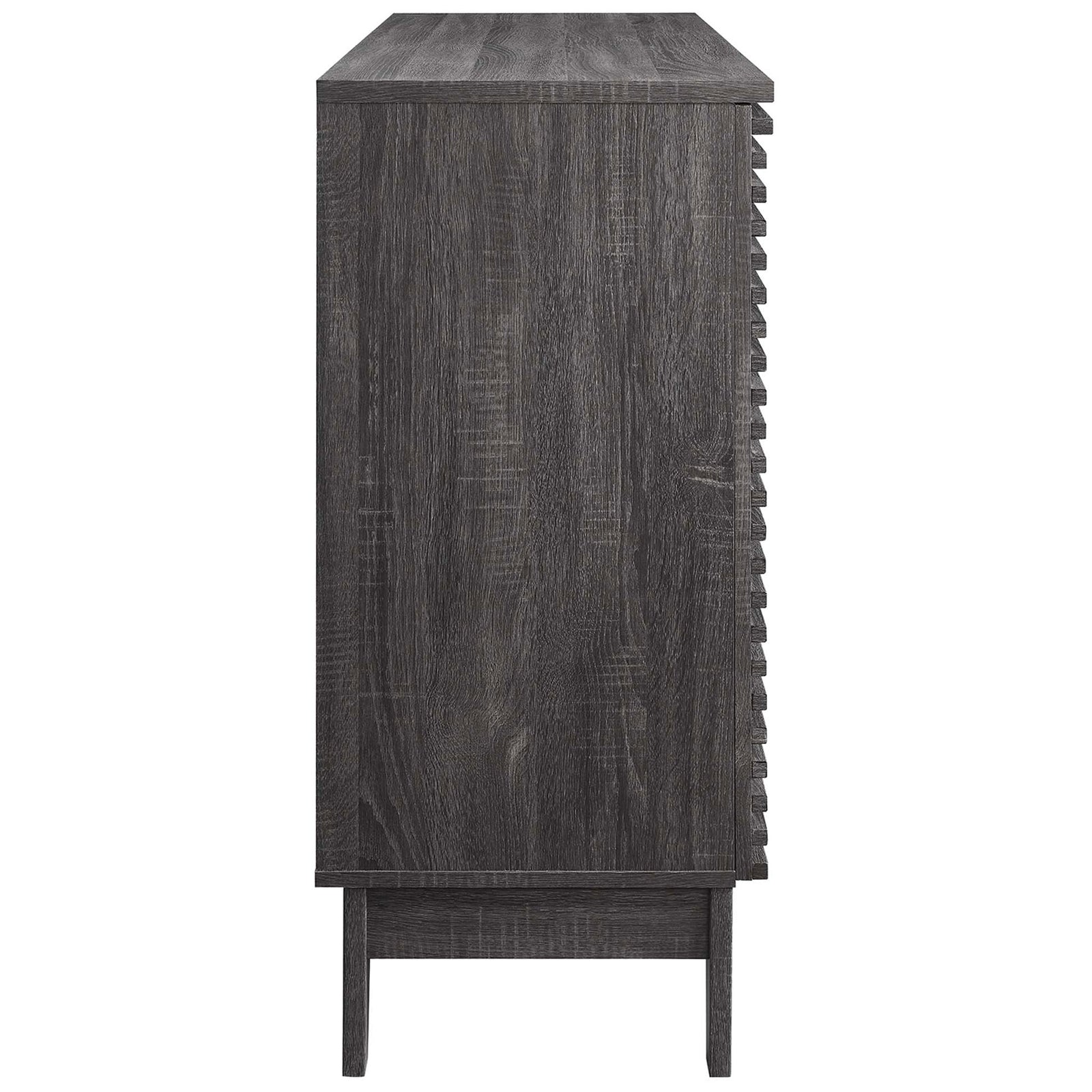 Textured charcoal wood grain and splayed legs lend sturdy, refined style to this mid-century bar cabinet || EEI-6156-CHA || side_studio