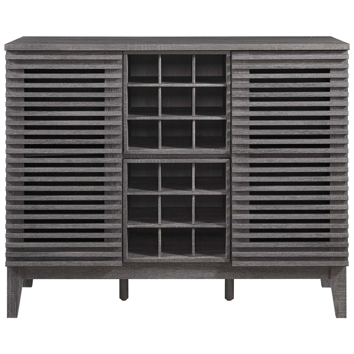 Charcoal wood bar cabinet with slatted doors, 18-bottle wine rack, and tapered legs for a sleek mid-century look || EEI-6156-CHA || front_studio