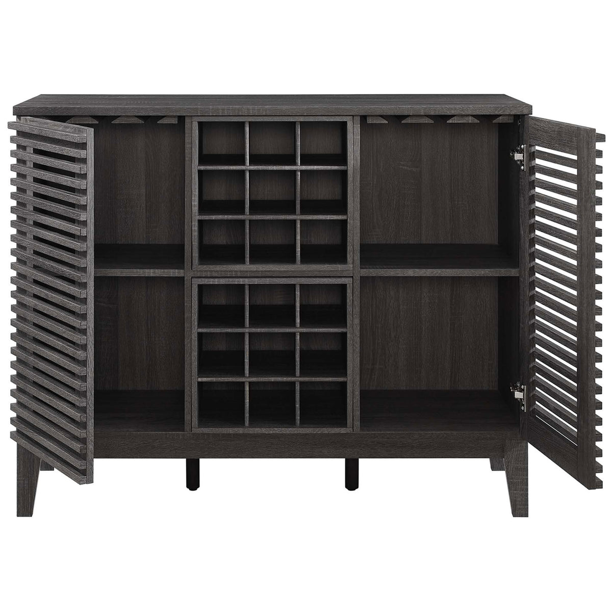 Spacious interior with stemware rails, adjustable shelves, and a central 18-bottle wine rack behind slatted doors || EEI-6156-CHA || front_open_studio