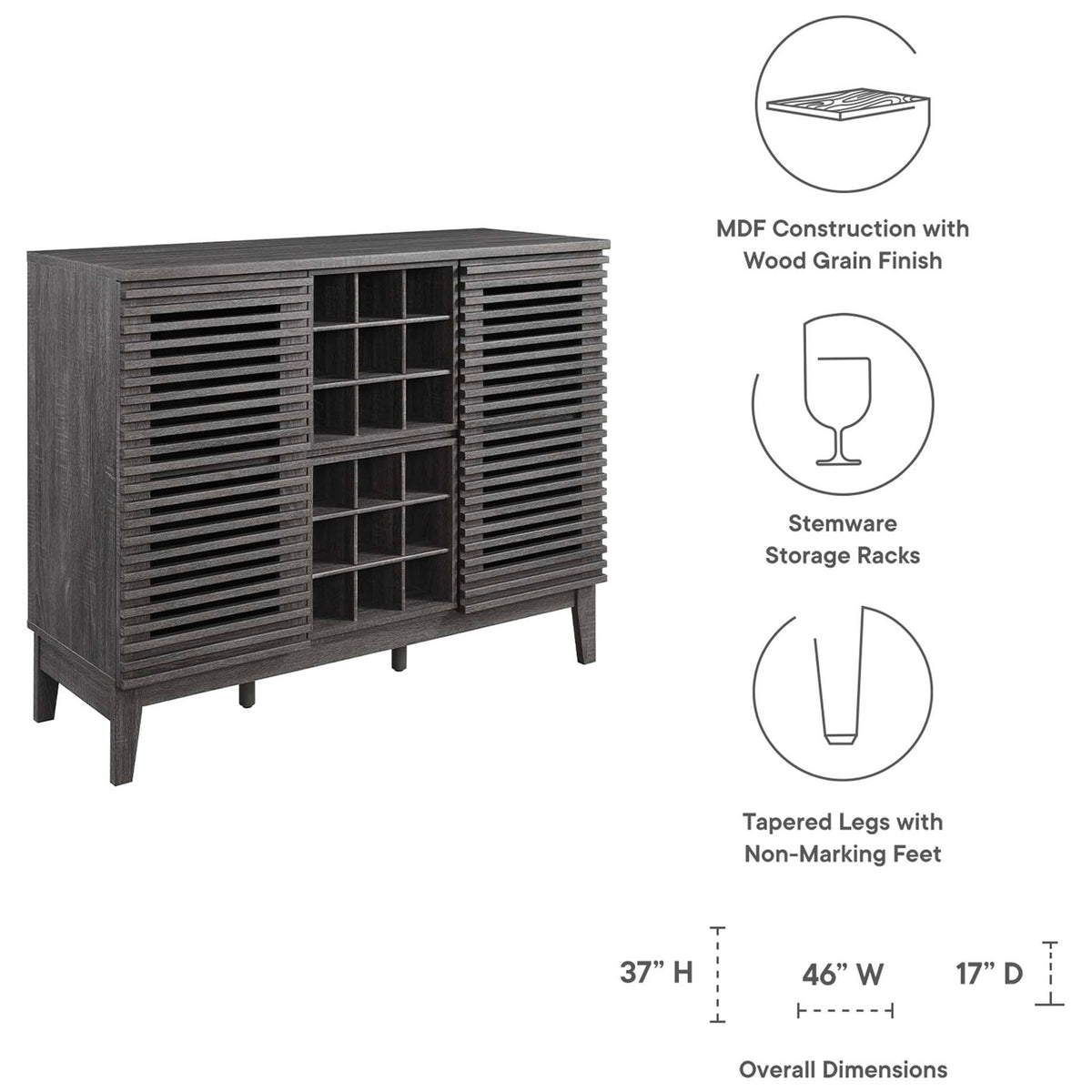 Feature highlights and overall dimensions for the charcoal slatted bar cabinet with wine and stemware storage || EEI-6156-CHA || callout_studio
