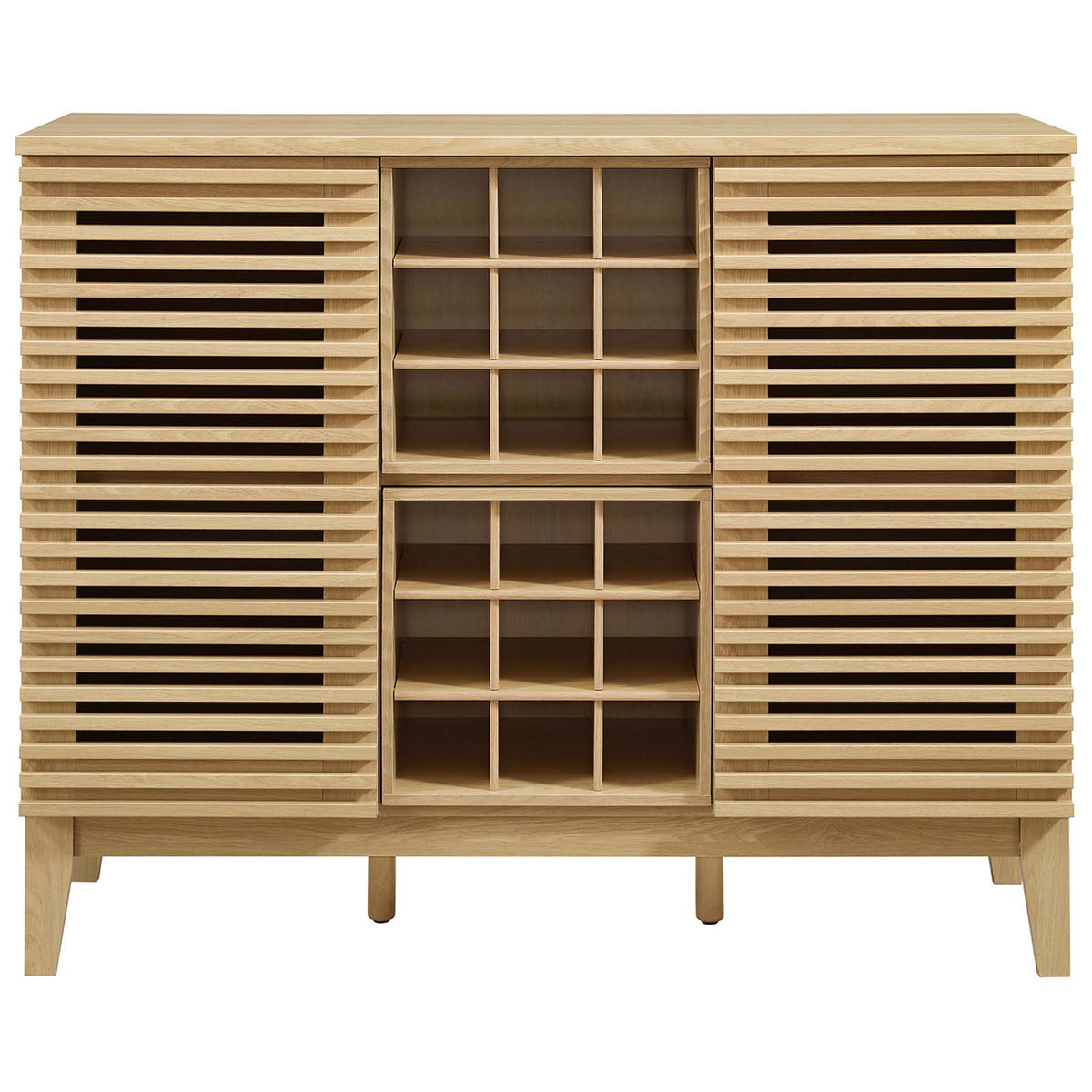 Mid-century bar cabinet with slatted doors and central 18-bottle wine rack in oak finish || EEI-6156-OAK || front_studio