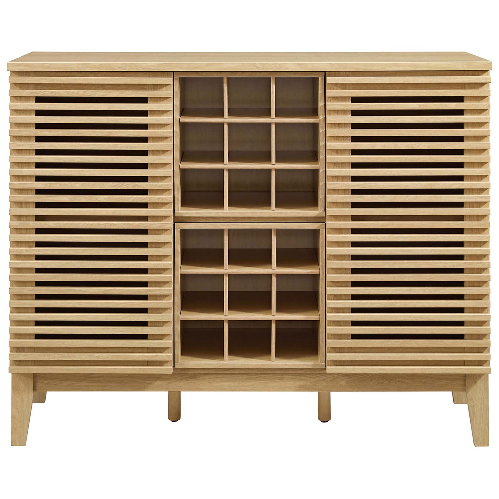 Mid-century bar cabinet with slatted doors and central 18-bottle wine rack in oak finish || EEI-6156-OAK || front_studio