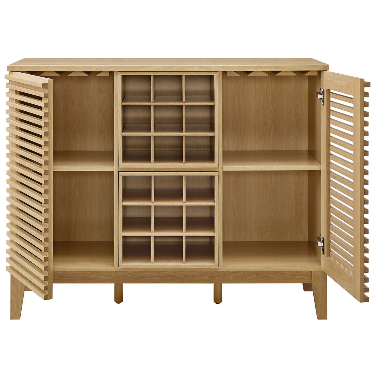 Open cabinet reveals adjustable shelves flanking an 18-bottle wine rack in warm oak wood grain || EEI-6156-OAK || front_open_studio