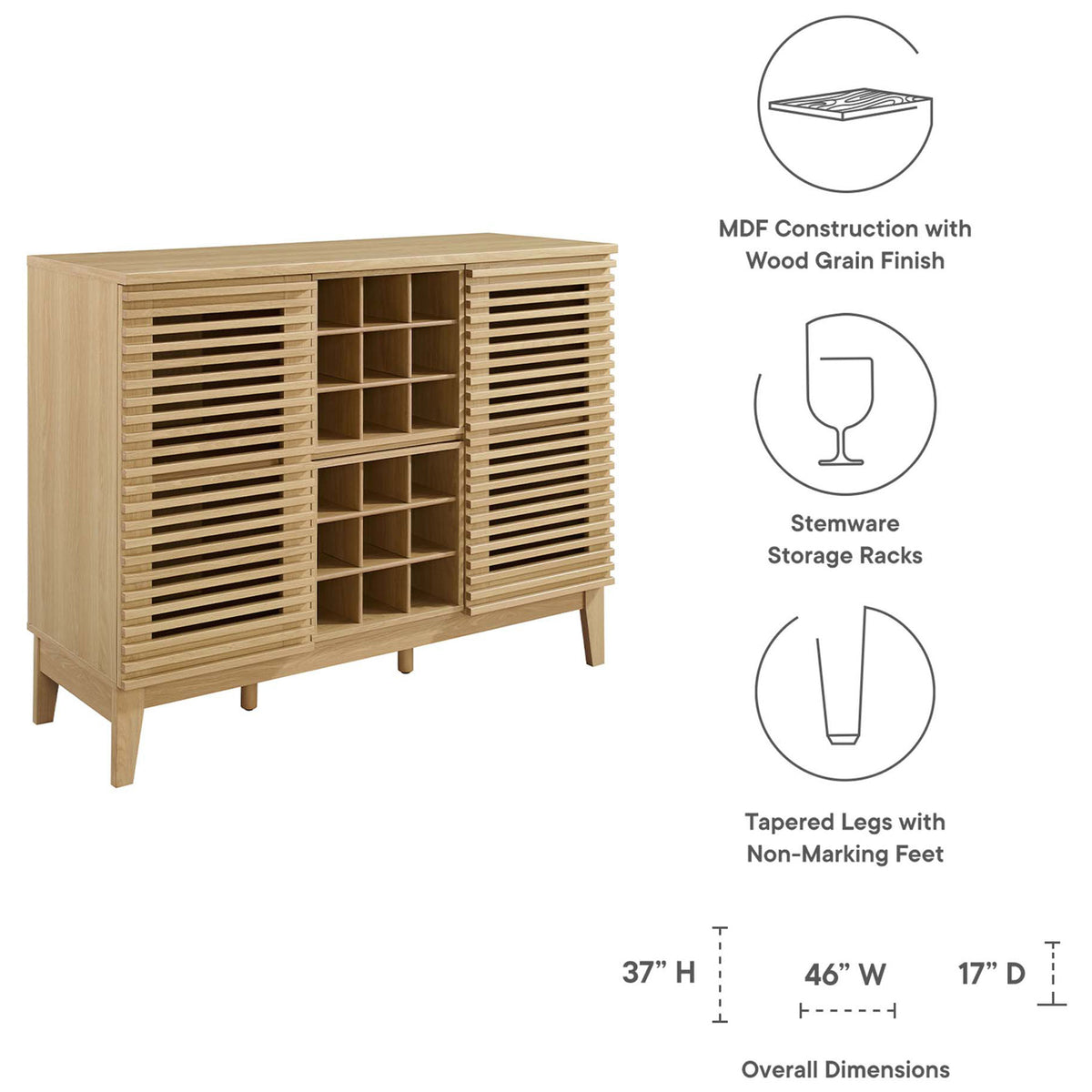Wood-grain build with stemware racks and tapered legs, plus overall dimensions for easy planning || EEI-6156-OAK || callout_studio