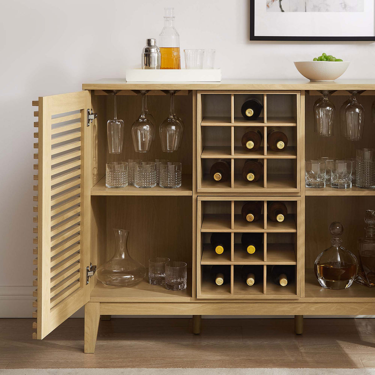 Ready to entertain with hanging stemware, adjustable shelves, and a central wine rack || EEI-6156-OAK || front_angle_open_room