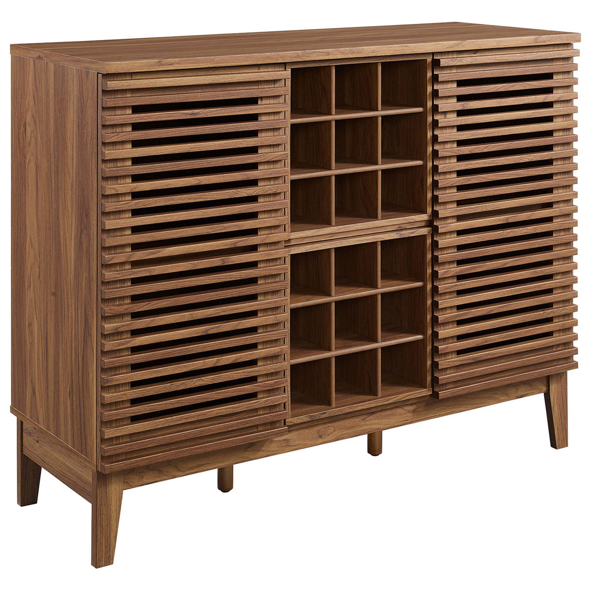 Walnut bar cabinet with slatted doors, 18-bottle wine rack, and splayed legs for mid-century style. || EEI-6156-WAL || front_angle_studio