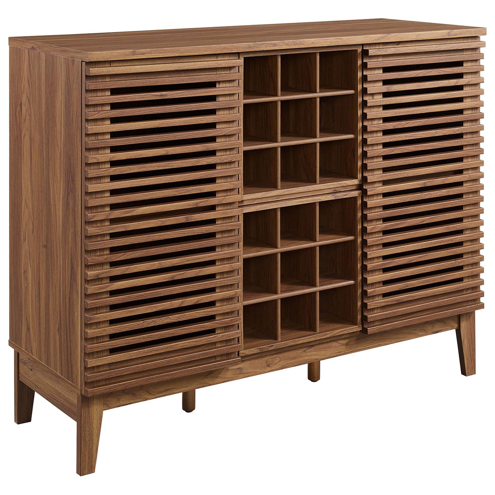 Walnut bar cabinet with slatted doors, 18-bottle wine rack, and splayed legs for mid-century style. || EEI-6156-WAL || front_angle_studio