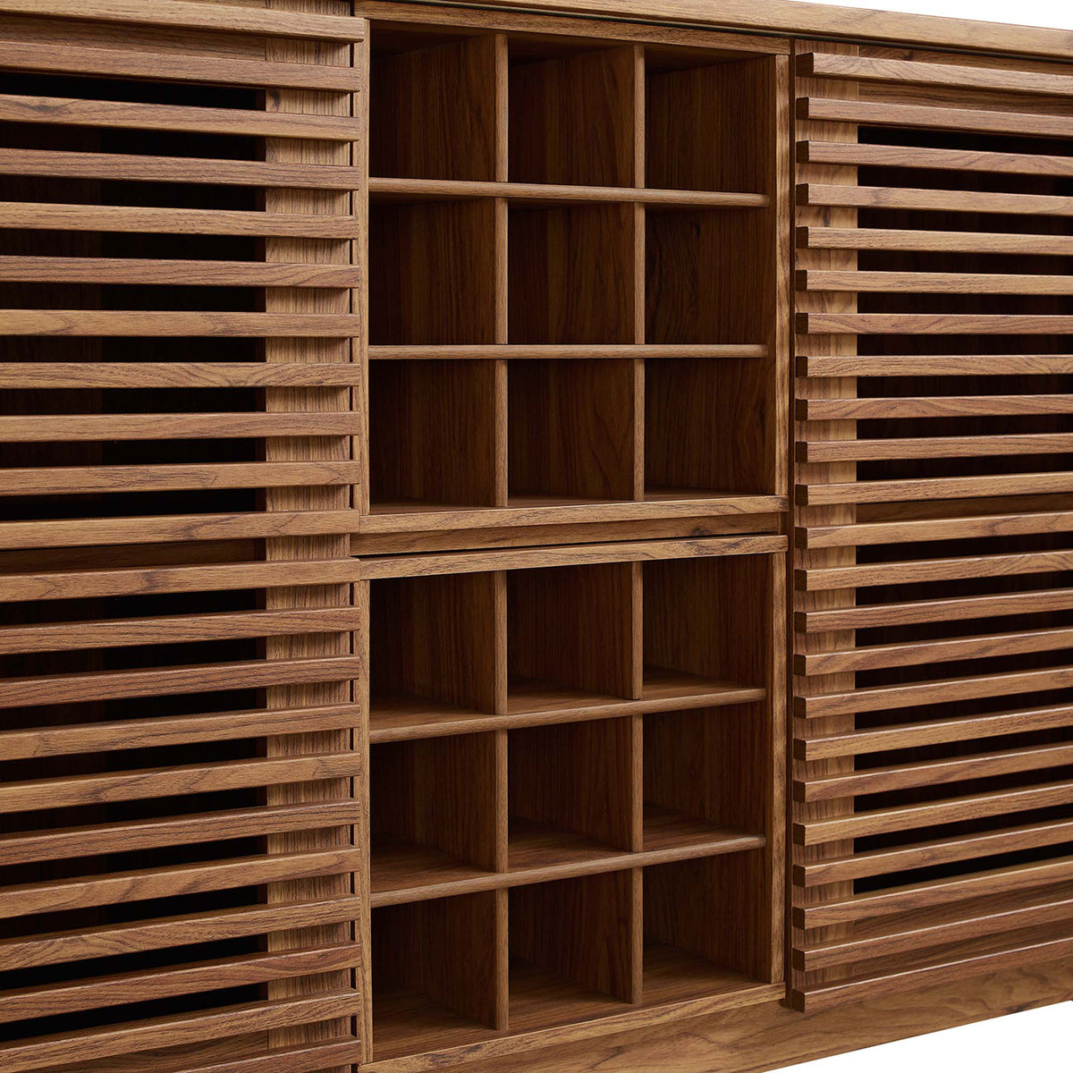 Central grid wine rack and open cubbies keep bottles and barware neatly organized. || EEI-6156-WAL || storage_studio