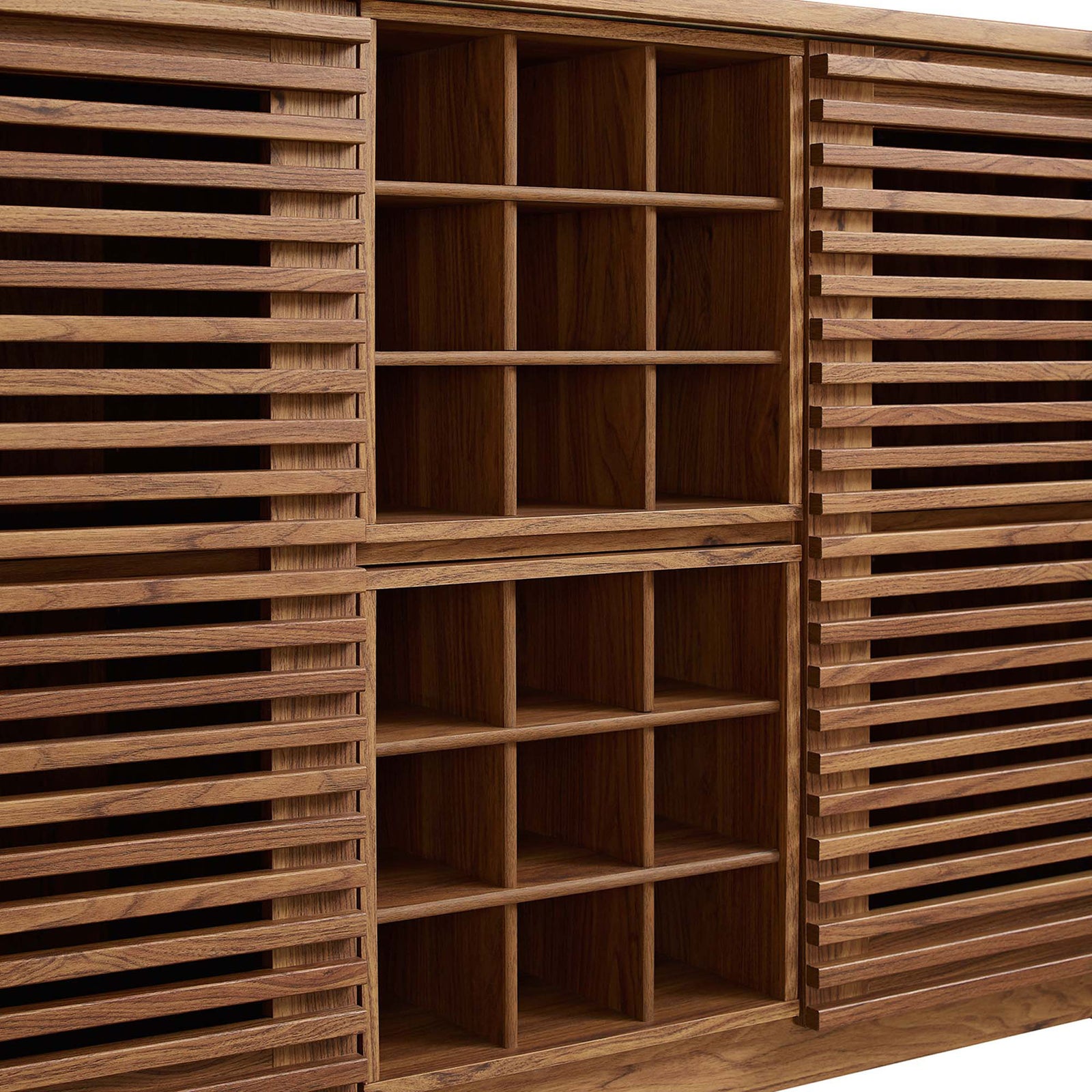 Central grid wine rack and open cubbies keep bottles and barware neatly organized. || EEI-6156-WAL || storage_studio