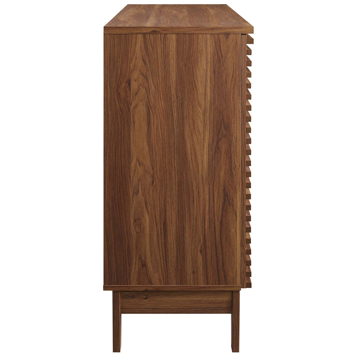 Smooth walnut grain laminate and clean side profile complement the mid-century silhouette. || EEI-6156-WAL || side_studio