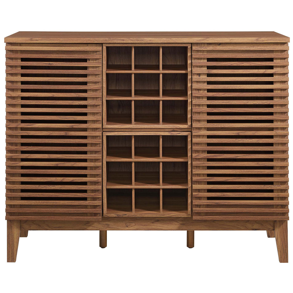 Symmetrical slatted doors frame a generous 18-bottle wine rack in a warm walnut finish. || EEI-6156-WAL || front_studio