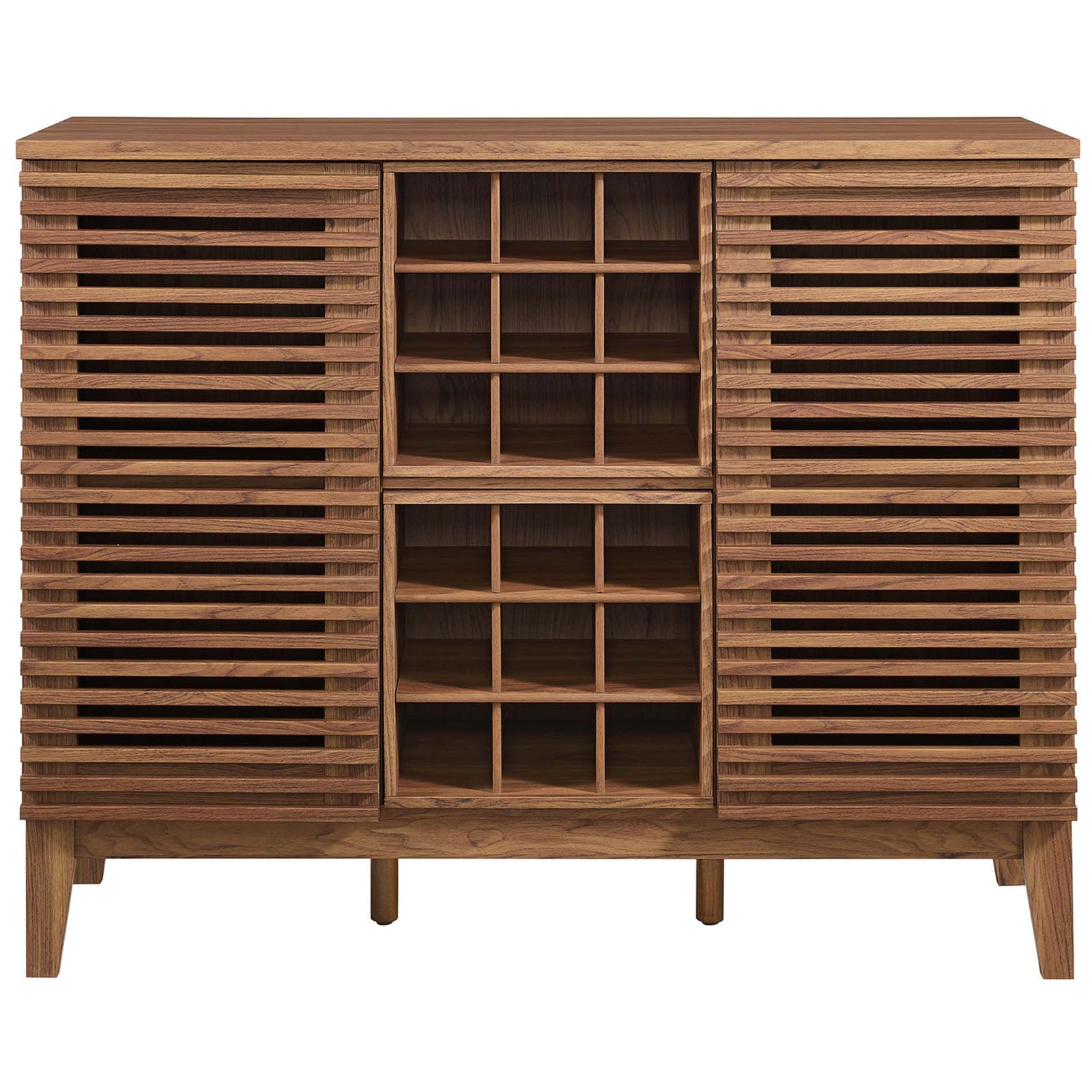 Symmetrical slatted doors frame a generous 18-bottle wine rack in a warm walnut finish. || EEI-6156-WAL || front_studio