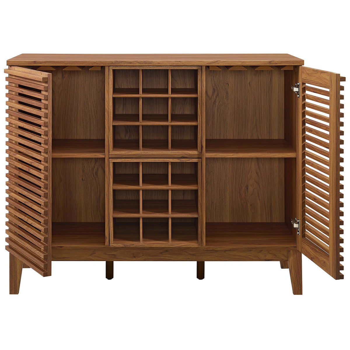 Adjustable interior shelves and center wine rack offer flexible storage for bottles and glassware. || EEI-6156-WAL || front_open_studio
