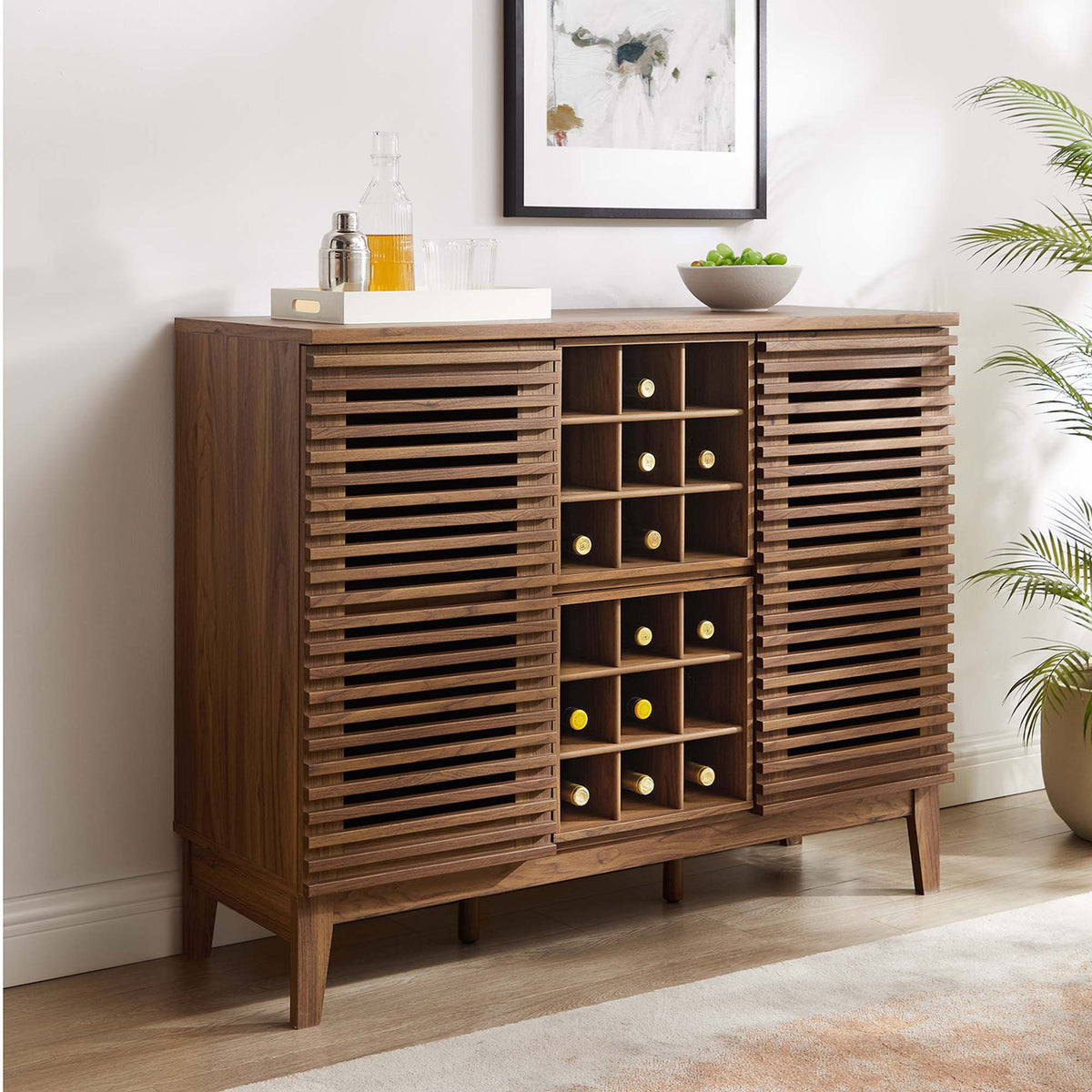 Elevated bar storage with a spacious top for serving and a streamlined walnut profile. || EEI-6156-WAL || front_angle_room