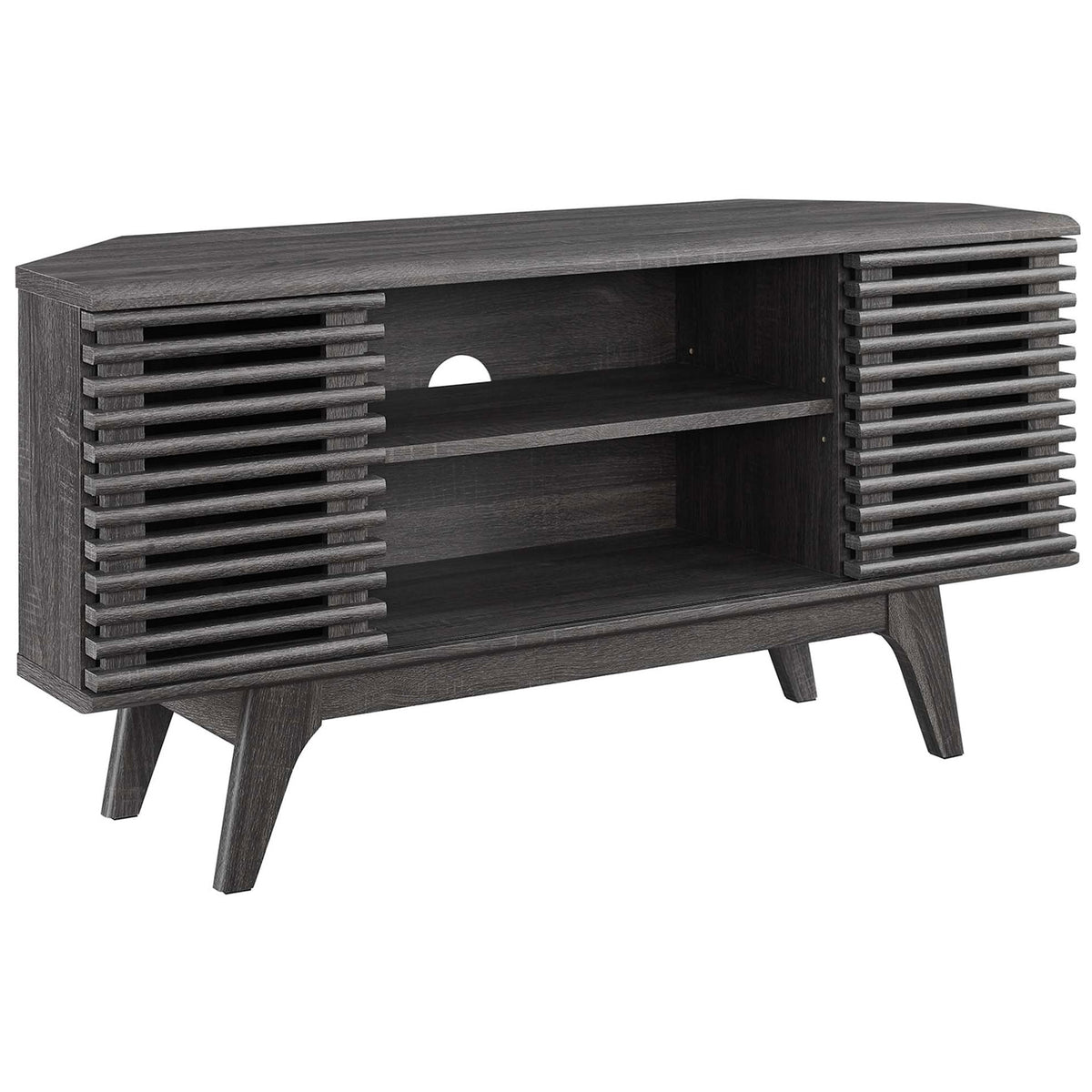 Charcoal corner TV stand with slatted sliding doors, open shelves, and tapered wood legs || EEI-6157-CHA || front_angle_studio