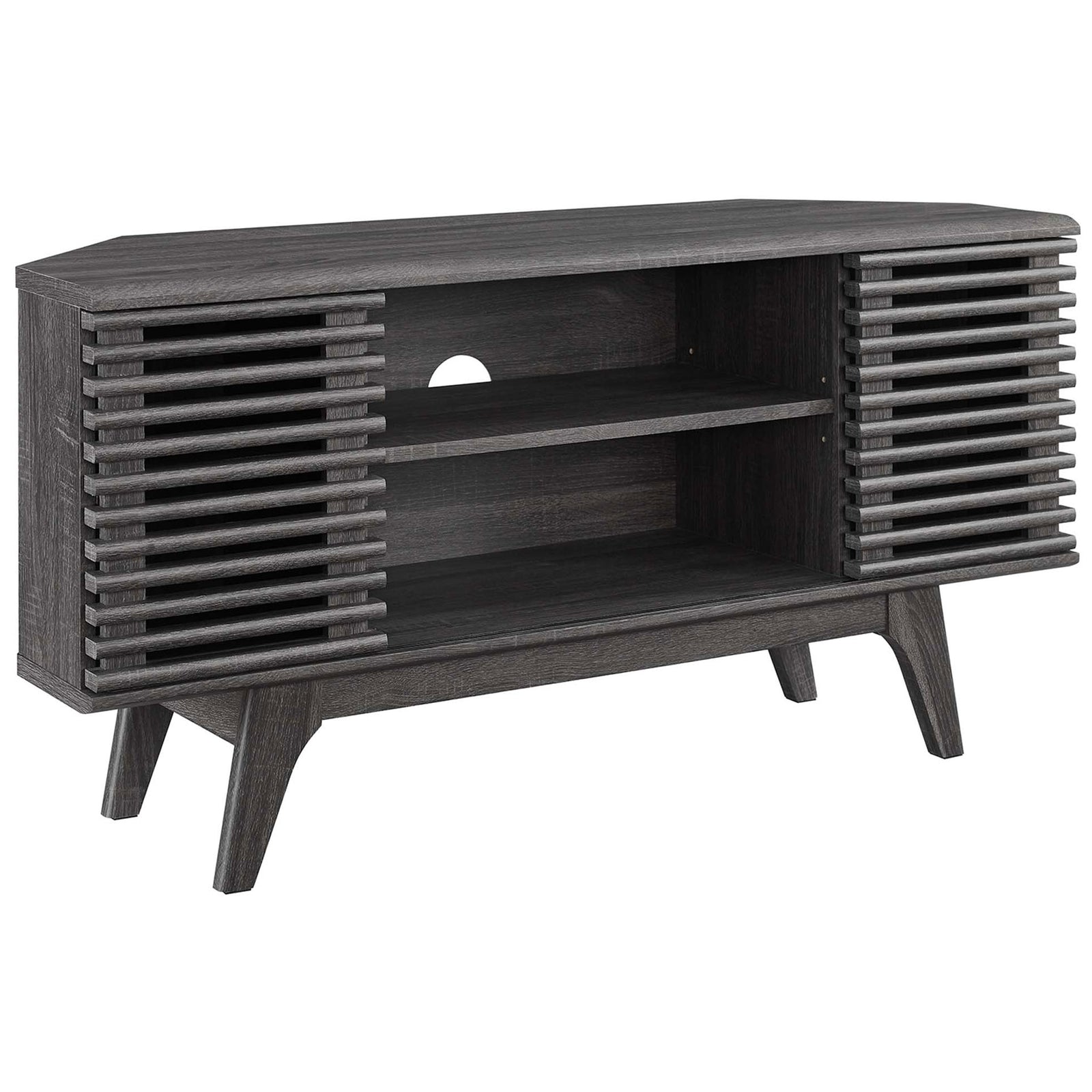 Charcoal corner TV stand with slatted sliding doors, open shelves, and tapered wood legs || EEI-6157-CHA || front_angle_studio