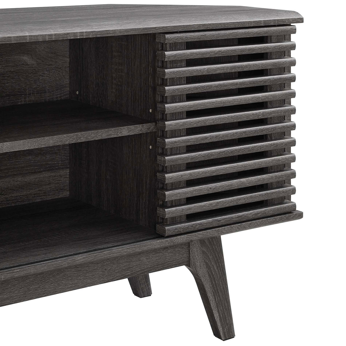 Charcoal wood grain and horizontal slats showcase the textured sliding door and shelf detail || EEI-6157-CHA || detail_studio