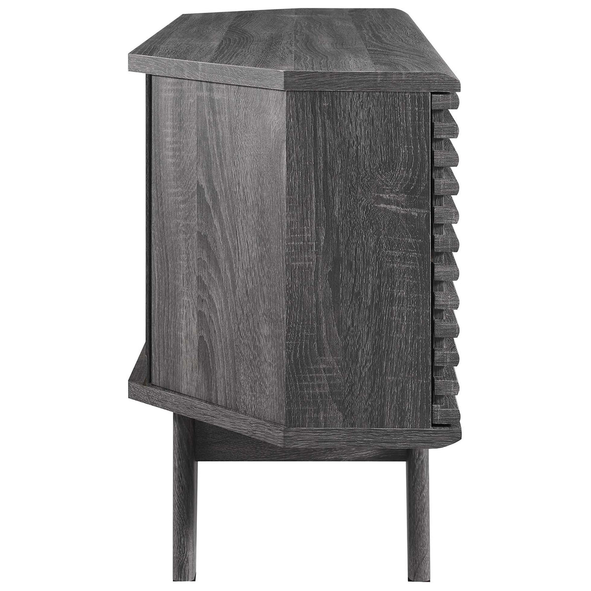 Slim charcoal frame and angled back allow this TV stand to tuck neatly into a room corner || EEI-6157-CHA || side_studio
