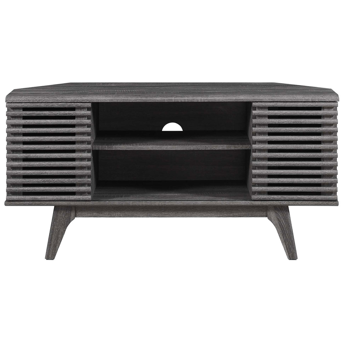 Charcoal corner TV stand with dual slatted doors, open center shelves, and cable management hole || EEI-6157-CHA || front_studio