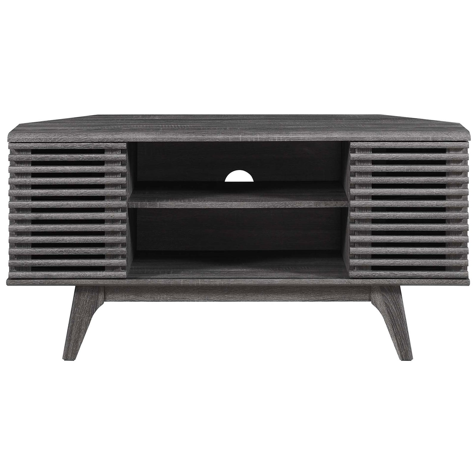 Charcoal corner TV stand with dual slatted doors, open center shelves, and cable management hole || EEI-6157-CHA || front_studio