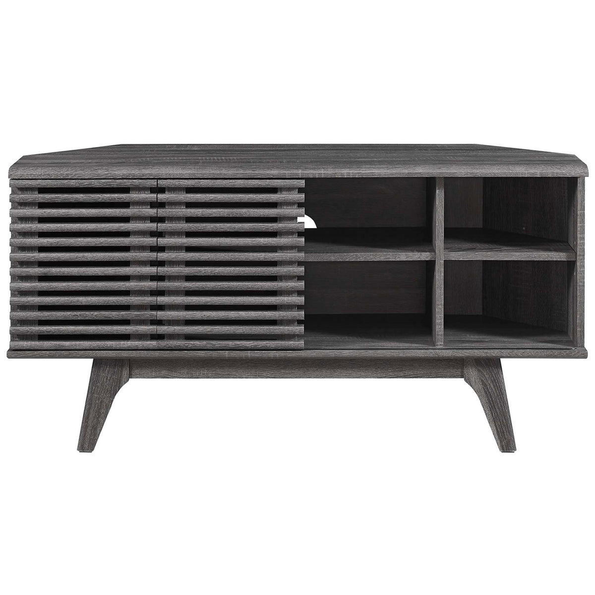 Sliding door exposes cubby storage on one side of this charcoal corner TV stand for media gear || EEI-6157-CHA || front_studio