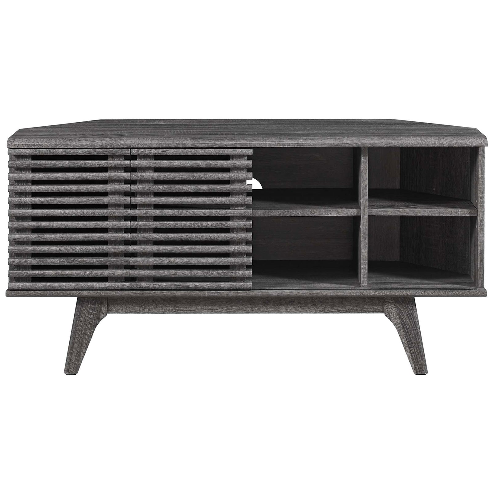 Sliding door exposes cubby storage on one side of this charcoal corner TV stand for media gear || EEI-6157-CHA || front_studio