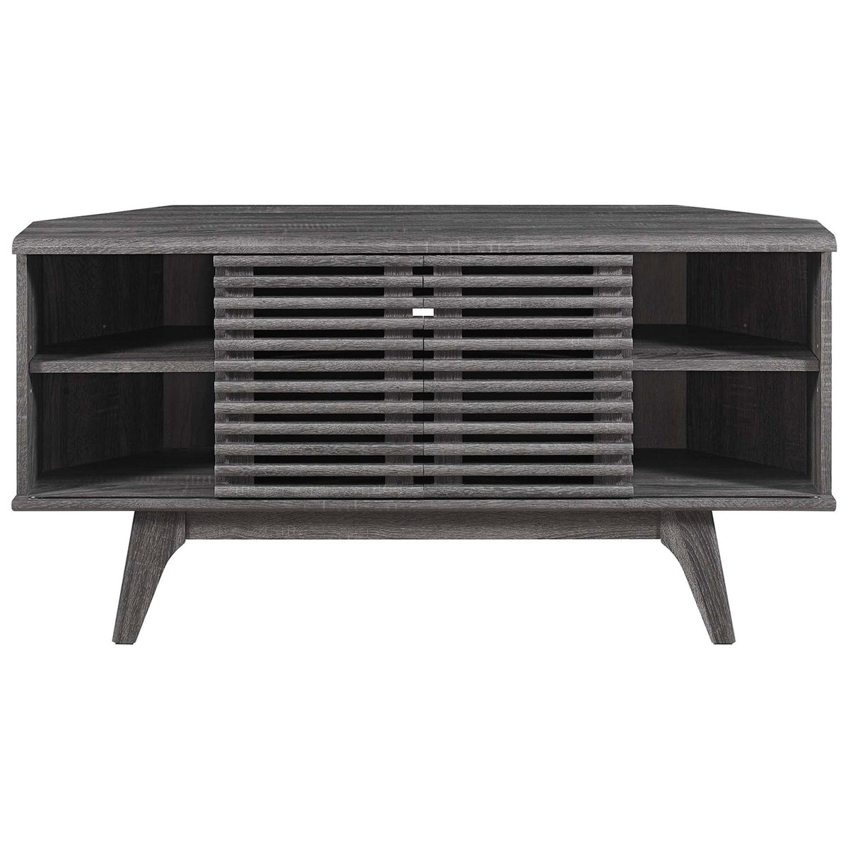 Centered slatted doors hide devices while open side cubbies display decor on this charcoal TV stand || EEI-6157-CHA || front_studio